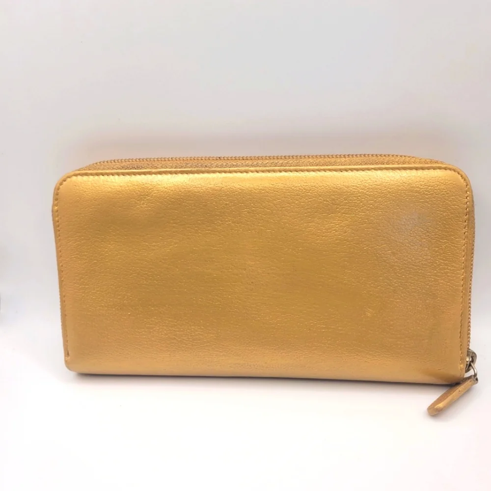 Chanel Camelia Flower Zip Around Gold Leather Wallet